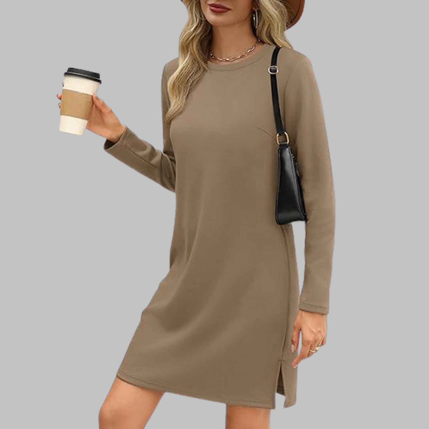 Women's Long Sleeve Round Neck Dress with Relaxed Fit and Versatile Style