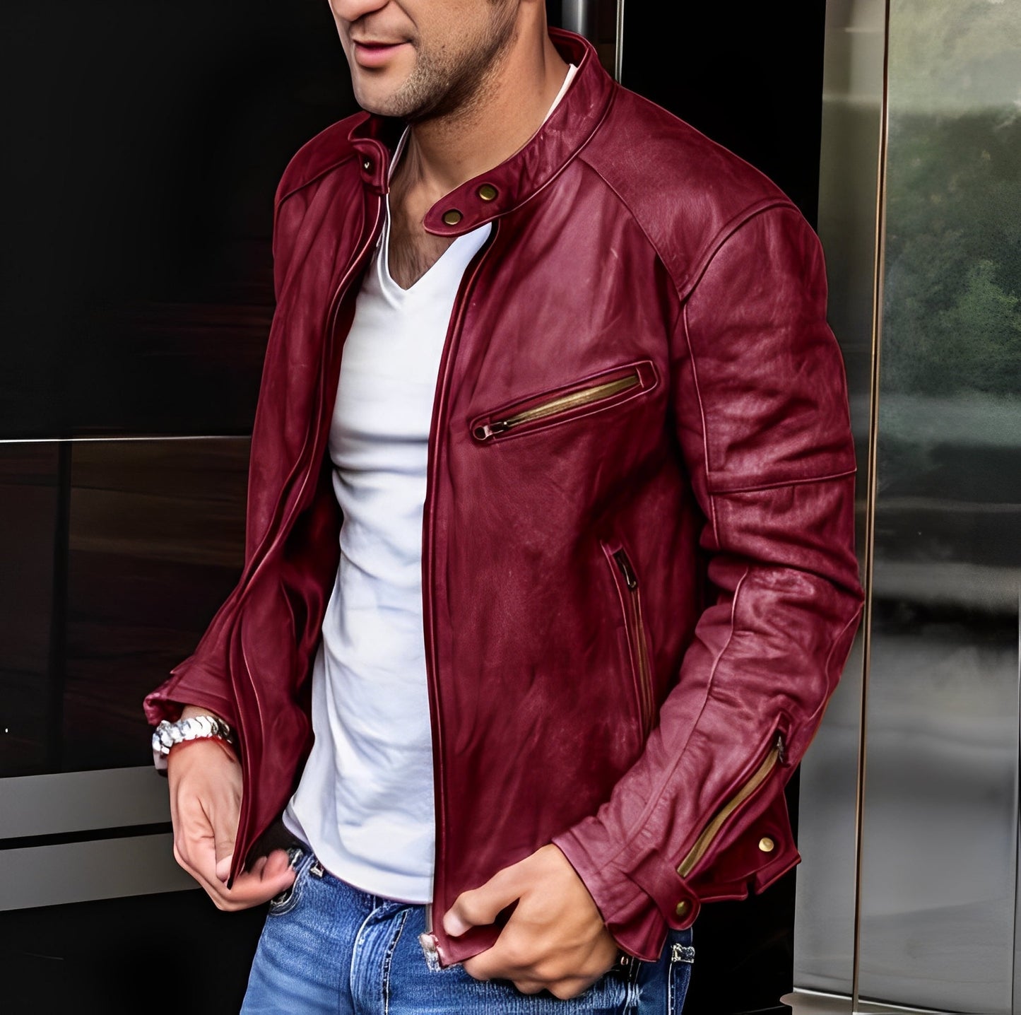 Street-Wave Leather Jacket For Men Stand Collar Stylish