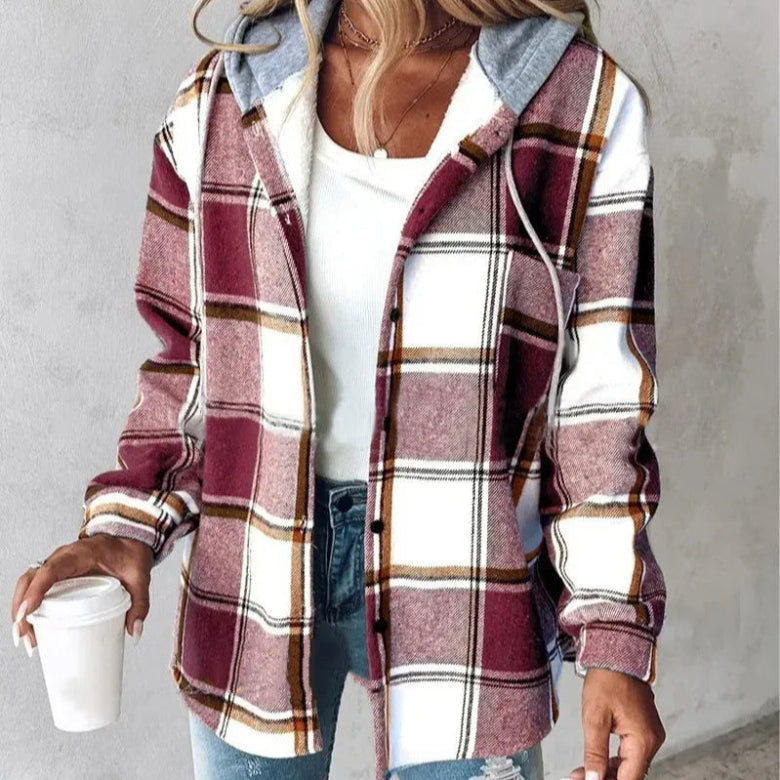 Street-wave Plaid Hooded Coat For Women Cozy Casual Comfort With Practical Hood Everyday Streetwear