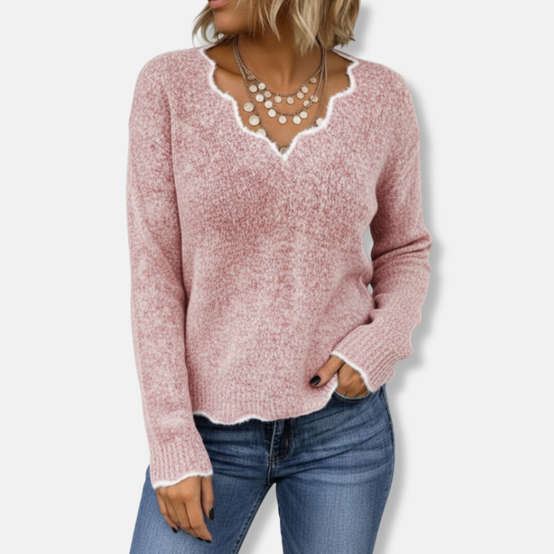 Nordisk-Flair Women Soft Wool Knit Sweater Relaxed Fit Scalloped Neckline