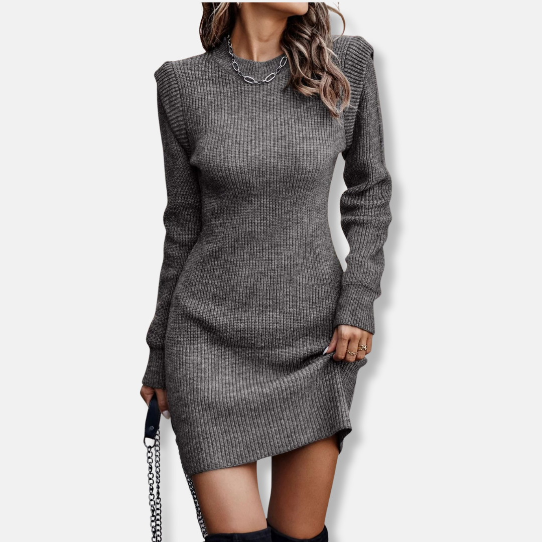 Ribbed Knit Mini Dress Street-Wave For Women Long Sleeve Puff Shoulders Slim Fit