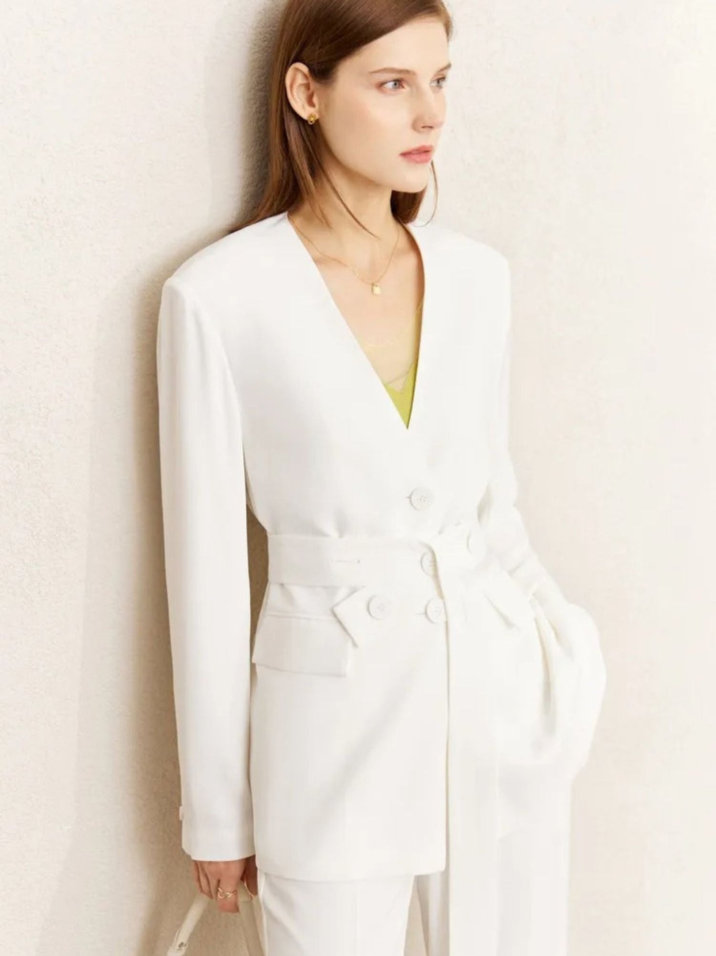 Street-wave Minimalist Blazer and Trousers Set With V-Neck Blazer and Belted Waist For Chic Professional Women