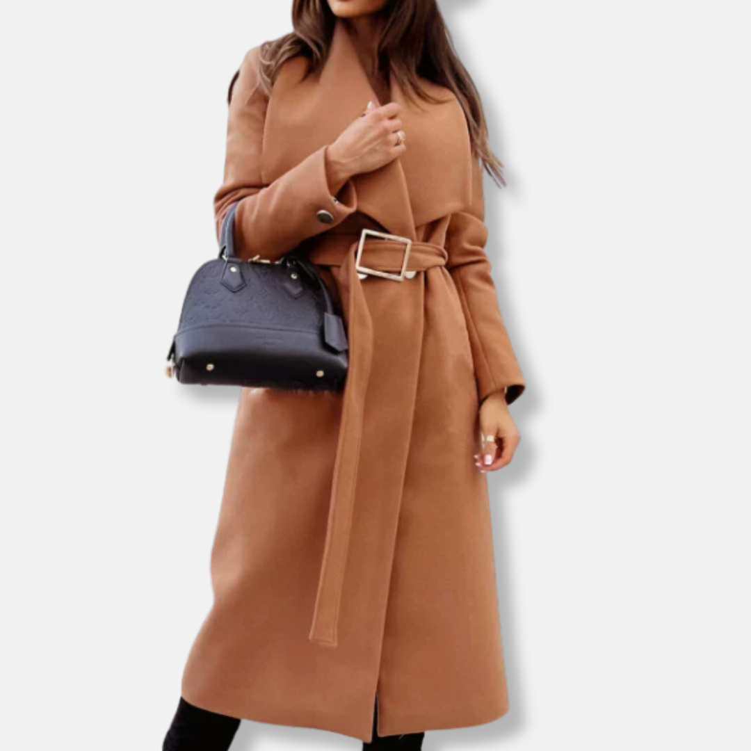 Street Wave Tailored Relaxed Fit Long Coat With Belt Draped Lapels Gold Buckle For Women