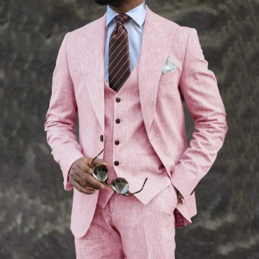 Carson Mens Three Piece Linen Blend Suit Street Wave Lightweight For Weddings