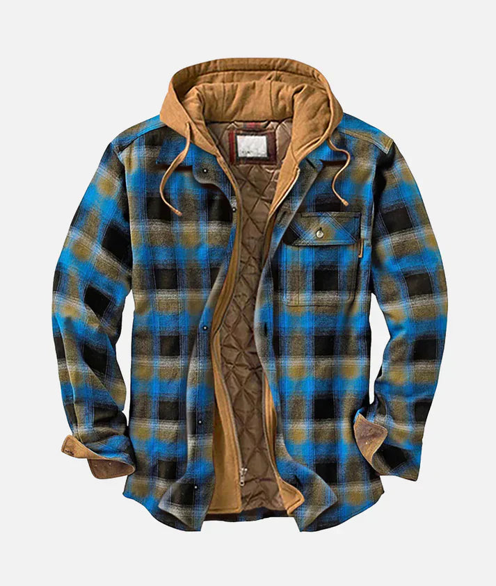 Street-wave Patchwork Plaid Hoodie Jacket For Men Urban Streetwear Cozy Quilted Lining