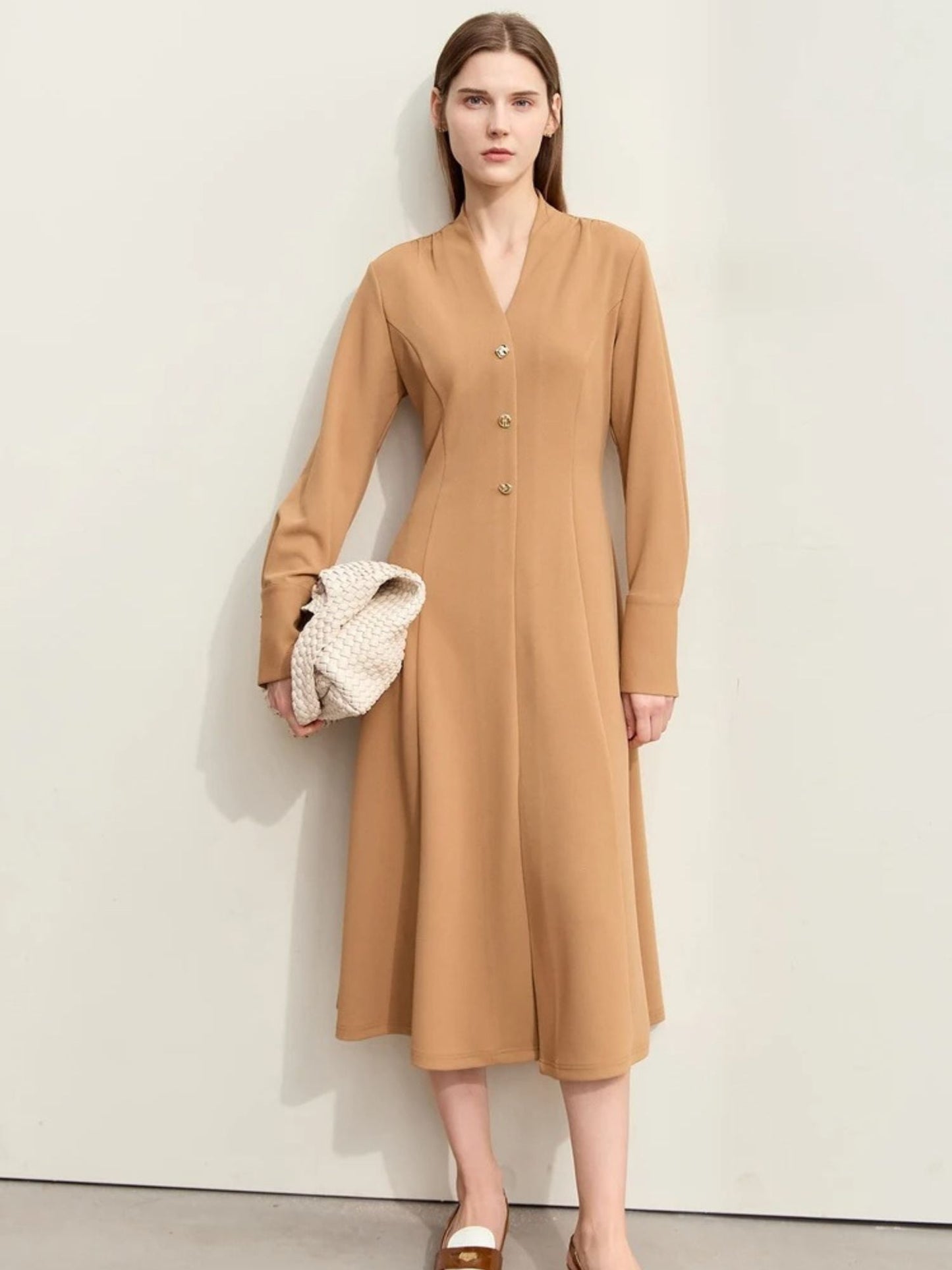 Street-wave Calf Length V Neck Dress With Long Sleeves Belted For Women Elegant Fall Style