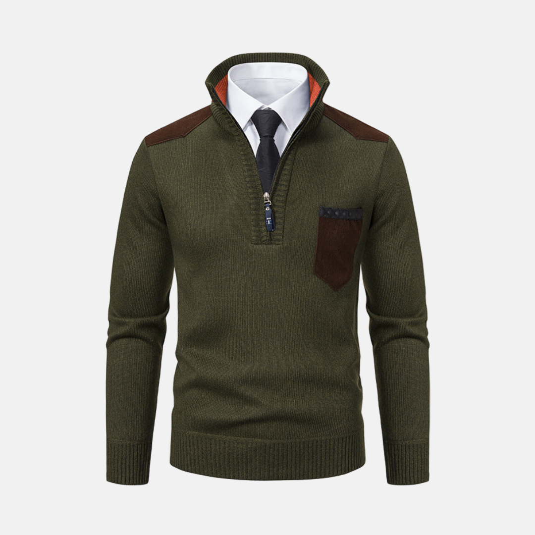 Mens Knit Blend Pullover Sweater With Stand Collar And Quarter Zip For Smart Casual Wear
