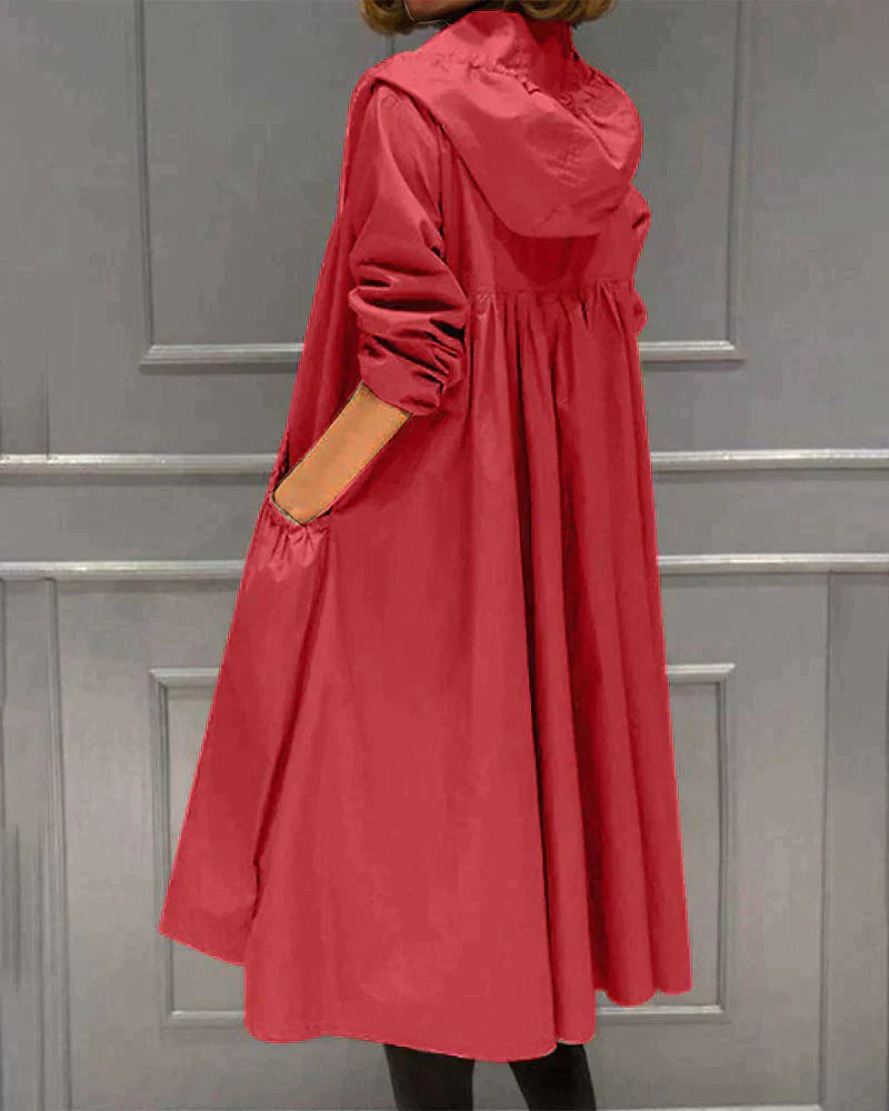 Street-wave Long Hooded Raincoat For Women Waterproof Protection And Elegant Silhouette
