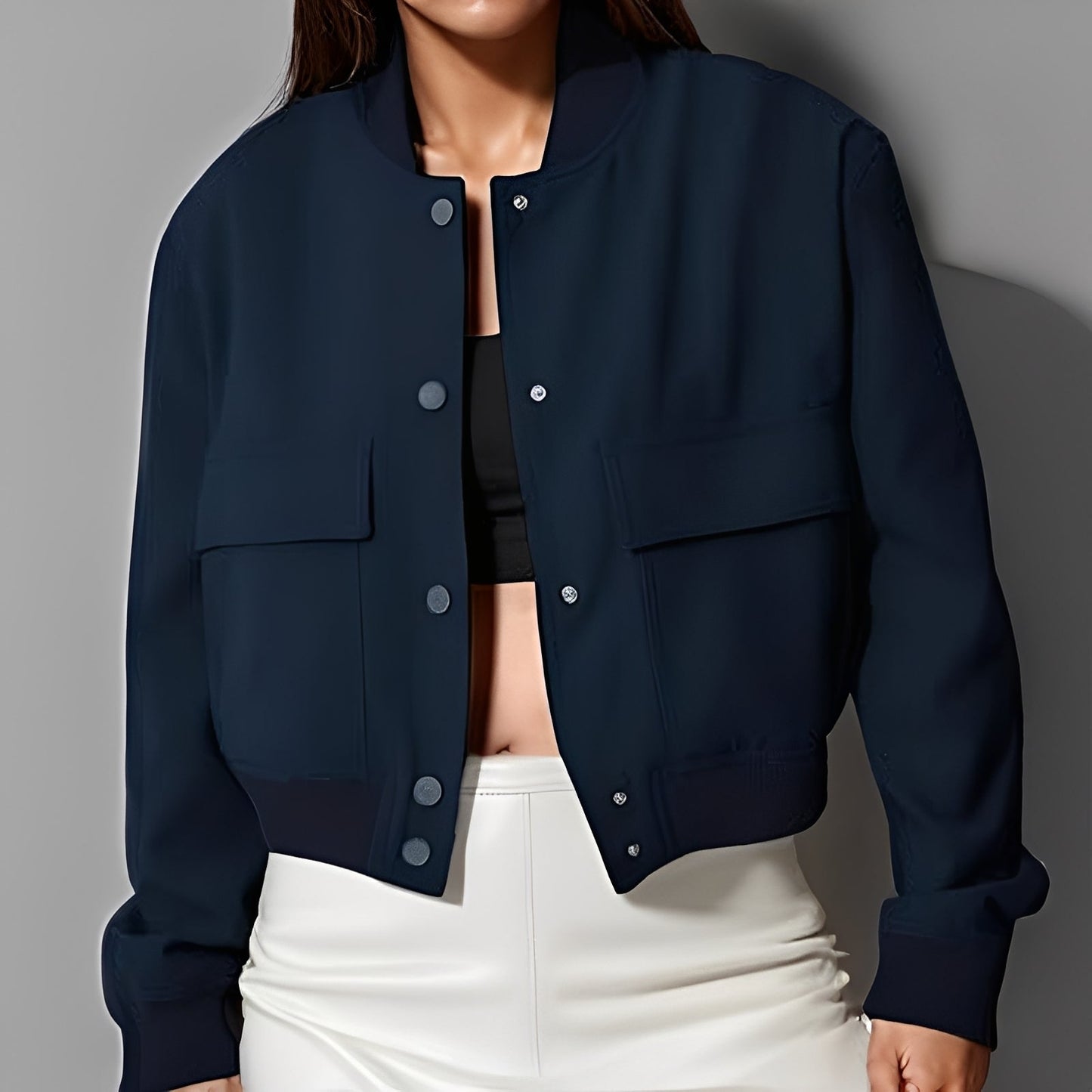 Street-Wave Womens Casual Bomber Jacket With Large Front Pockets Stand Collar Everyday Comfort