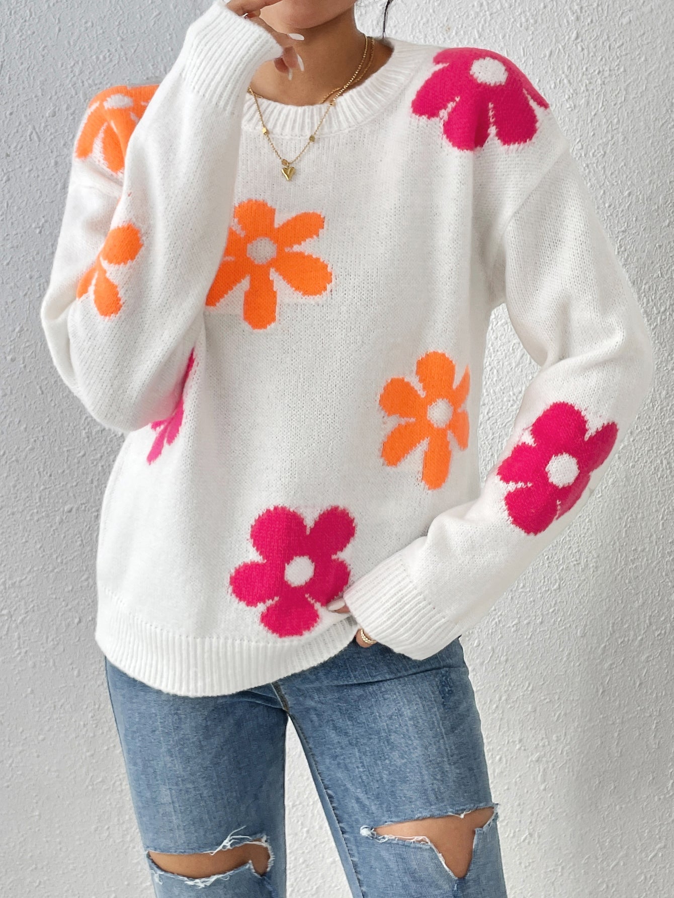Street-Wave Floral Knit Sweater For Women Soft Stretch Knit Cozy Versatile Chic Everyday Wear