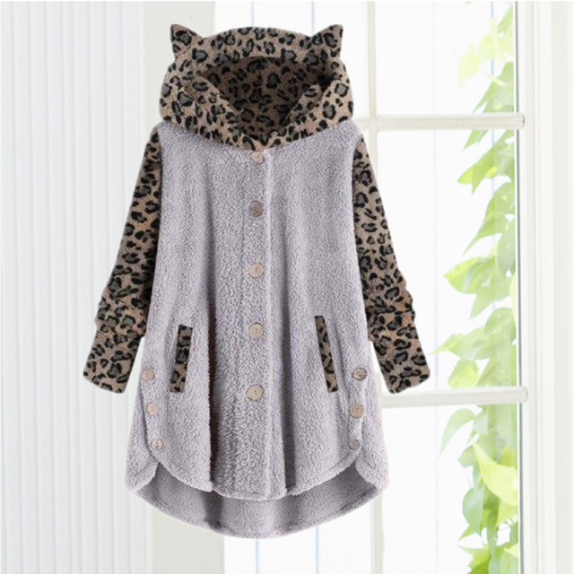 Street-wave Cozy Cat Ear Hooded Coat for Girls Leopard Print Sleeves Cotton Cashmere Blend Pockets