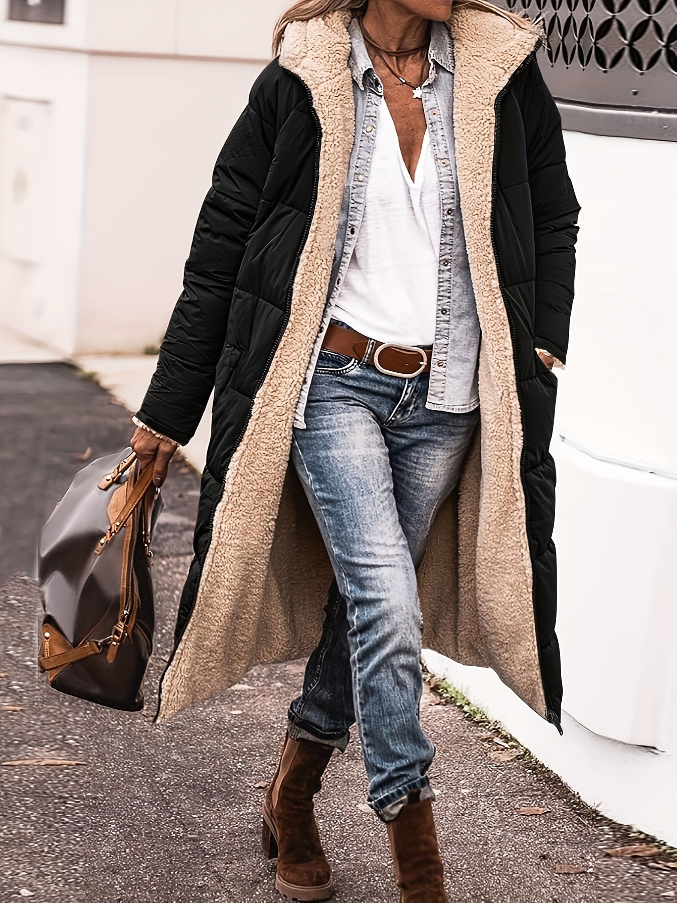 Street-Wave Women's Long Quilted Coat With Fleece Lining For Warm Insulated Winter Comfort