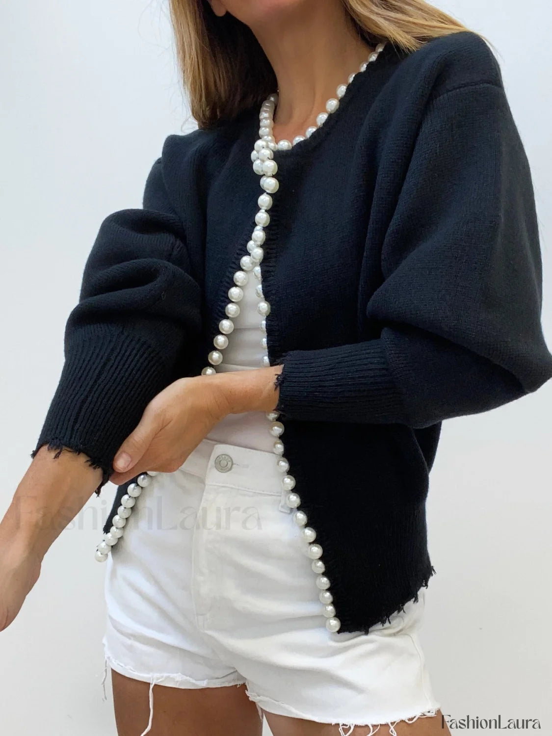 Street-Wave Pearl Trim Cardigan With Frayed Hem For Women Soft Everyday Knit Acrylic Elastane