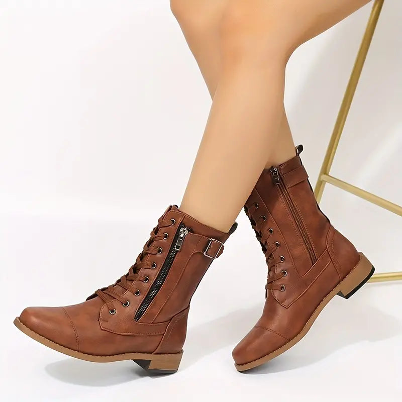 Street-wave Lace-Up Combat Boots With Zipper For Women, Secure Fit, Easy On Off, Stylish Everyday