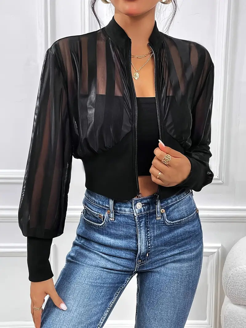 Street-wave Mesh Zipper Jacket With Stripe Pattern For Women Breathable Active Streetwear