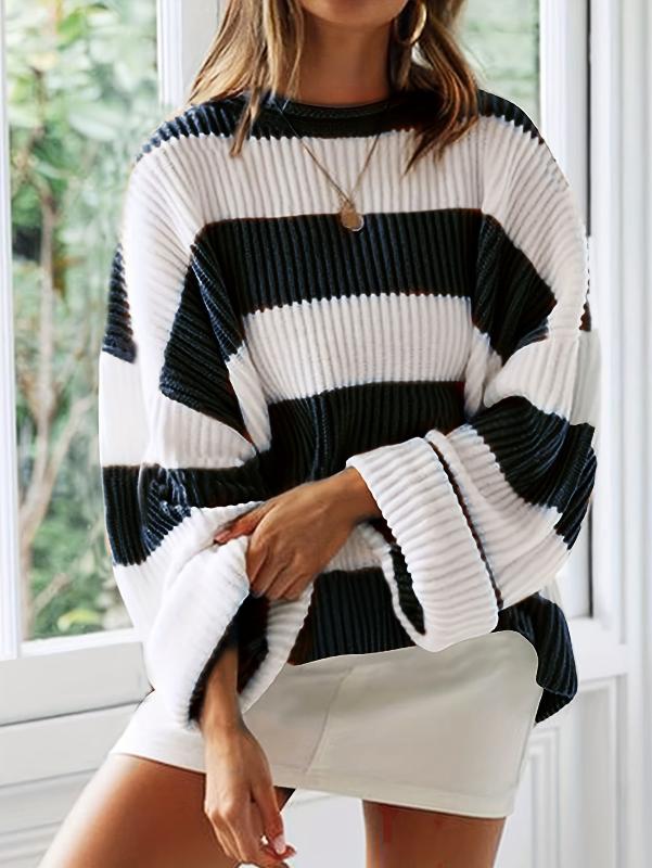 Street Wave Striped Knit Sweater Loose Fit Casual Pullover For Women Everyday Comfort And Effortless Style