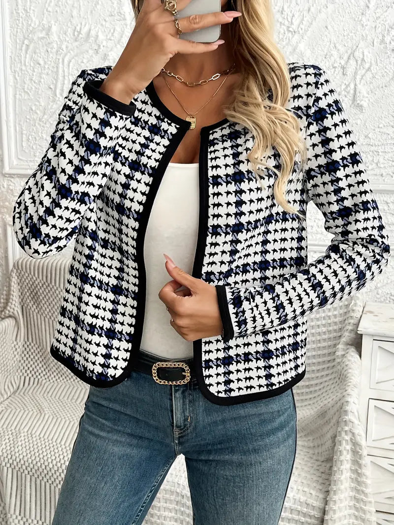 Street-Wave Open Front Houndstooth Jacket For Women Chic Timeless Lightweight Versatile Outerwear