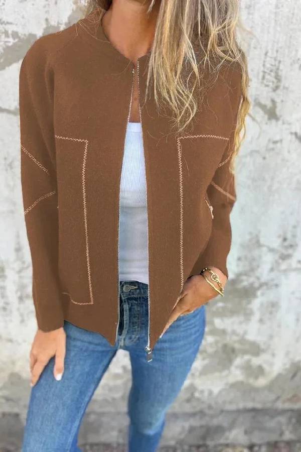 Street-Wave Womens Winter Coat Timeless Chic Zip Front Elegance With Classic Stitch Detailing
