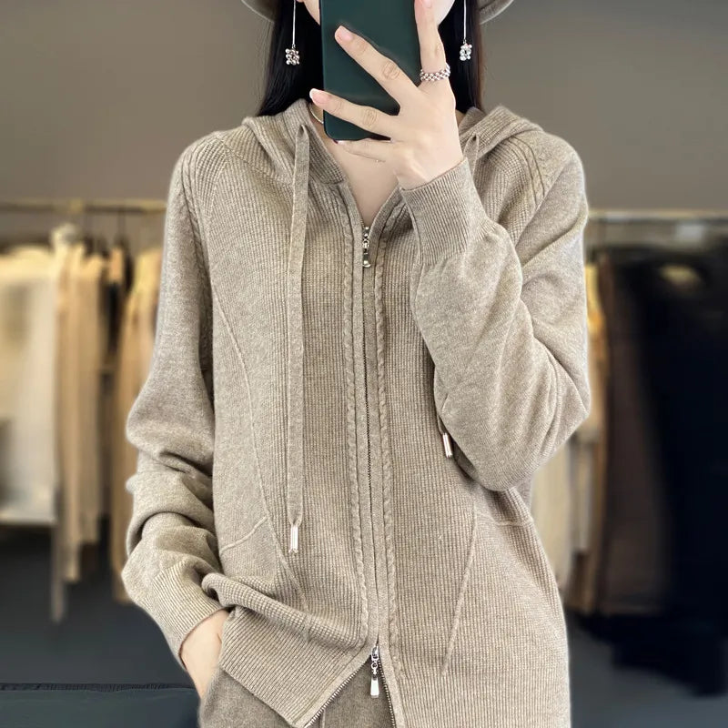 Street Wave Cardigan Cozy Pink Knit Zip Front Warm Hoodie For Women Autumn Winter