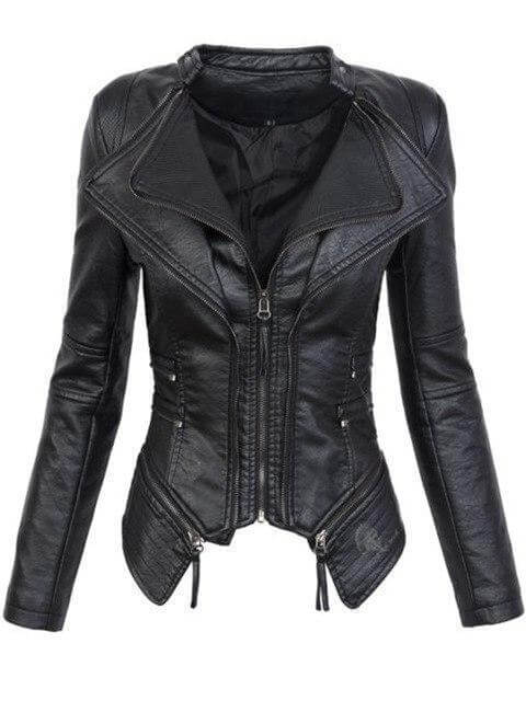 Street-Wave Black PU Leather Biker Jacket For Women With Asymmetrical Zipper And Slim Fit
