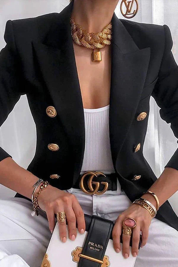 Street-Wave Knee Length Blazer For Modern Women With Gold Button Double Breasted Style