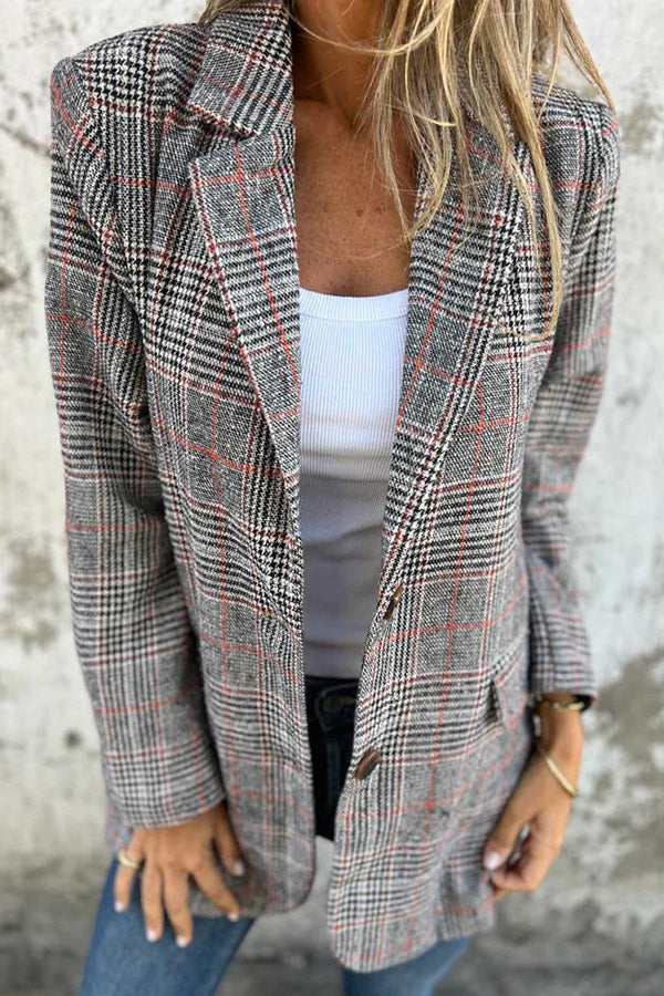 Street-wave Oversized Plaid Blazer Polyester For Women Timeless Modern Versatile Wardrobe Essential Chic Comfort