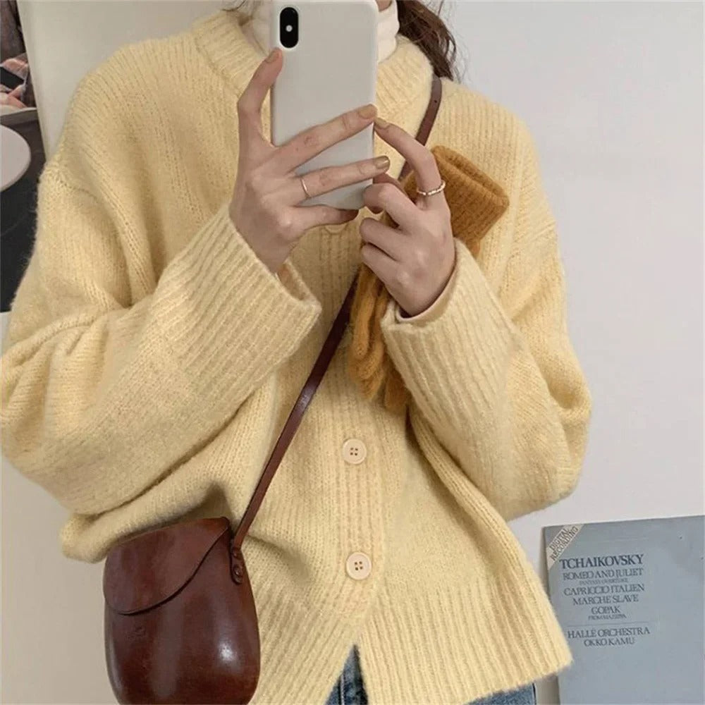 Street-wave Cozy Knit Cardigan Pullover For Women Everyday Wear Soft Pink Button Front