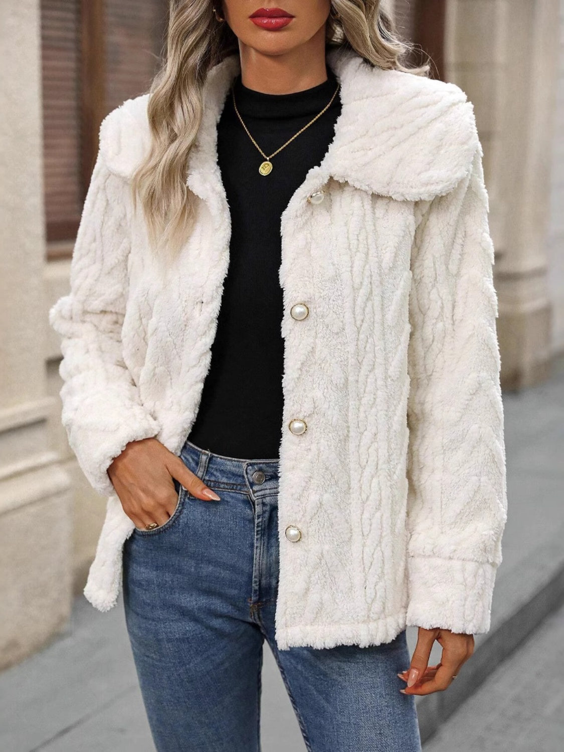Street Wave Faux Fur Coat For Women With Pearl Buttons Cozy Warm Winter Style Outerwear Everyday