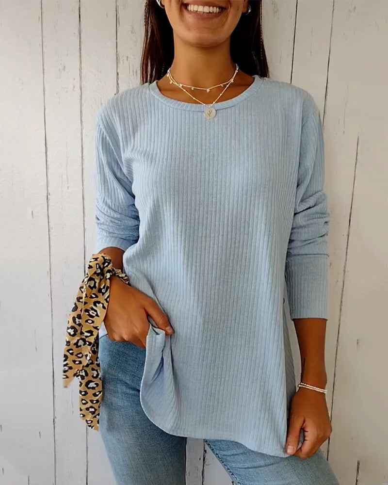 Street-Wave Ribbed Knit Top With Crew Neck And Long Sleeves For Women - Soft Everyday Comfort And Versatile Layering