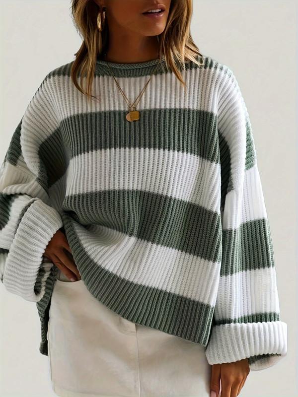 Street Wave Striped Knit Sweater Loose Fit Casual Pullover For Women Everyday Comfort And Effortless Style