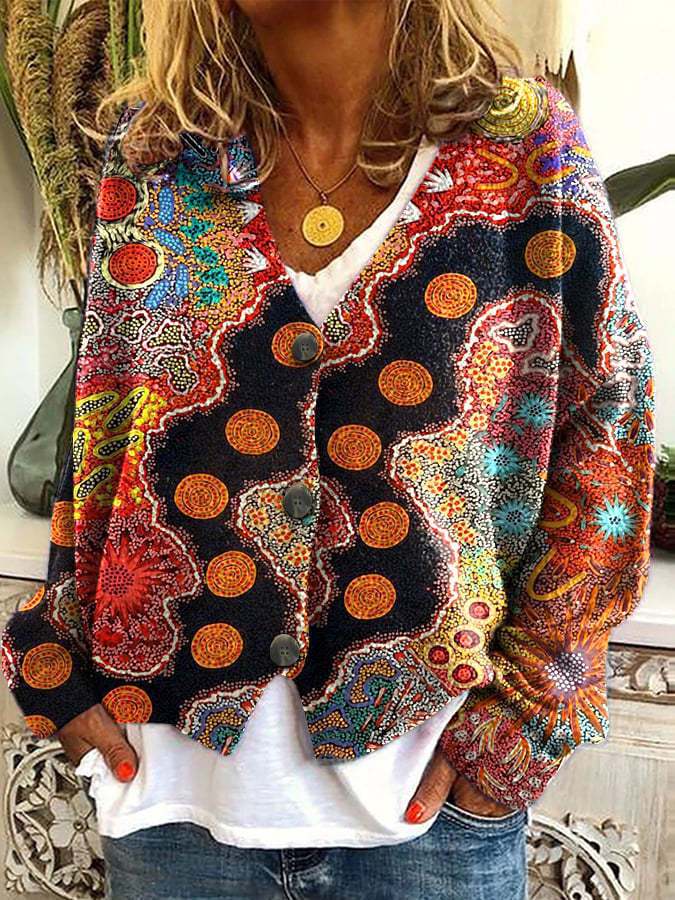Street-Wave Colorful Women's Cardigan Coat Bold Floral PaintSplash Outerwear Warm Cozy