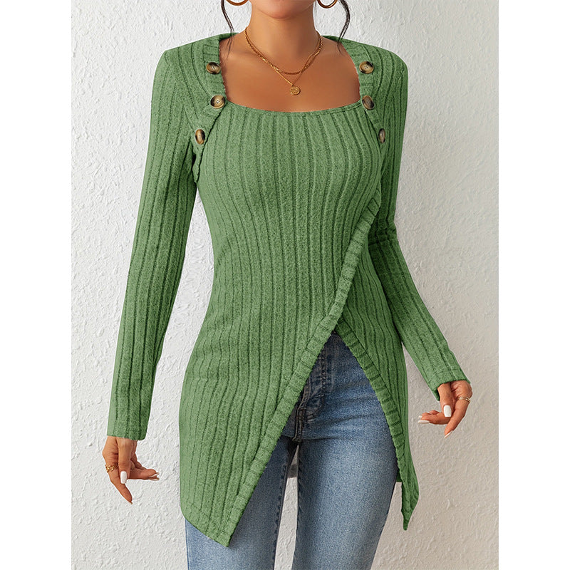 Street-wave Ribbed Knit Sweater For Women With Button Shoulder Details Cozy Modern Look