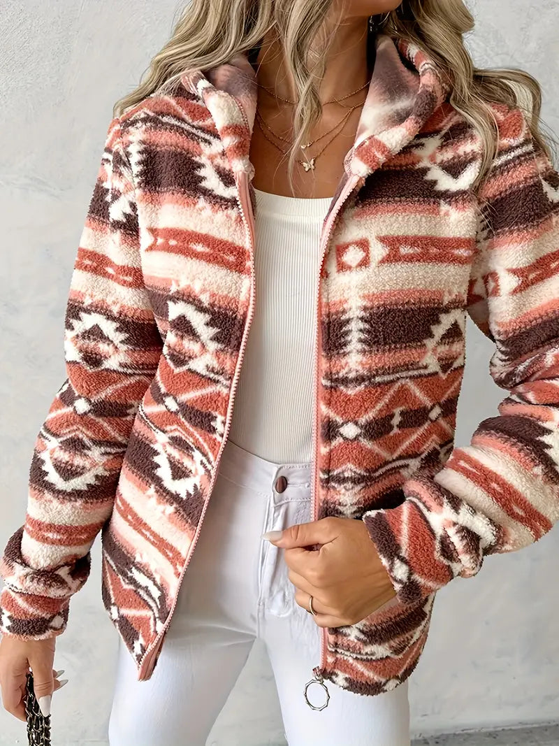 Street-Wave Aztec Print Fleece Coat For Autumn Winter Women Warm Cozy Outerwear Essentials