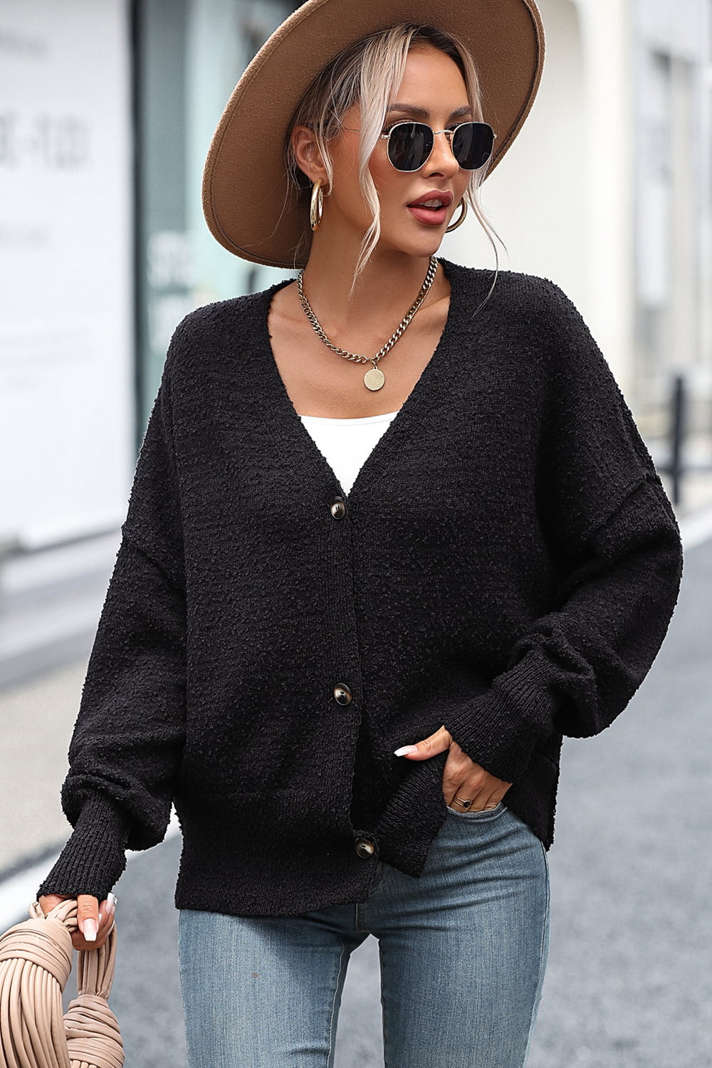 Street Wave Cardigan With Dropped Shoulders For Women Cozy Textured Boucle Knit Lightweight Comfort