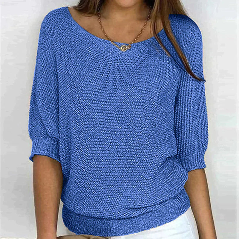 Street Wave Soft Knit Pullover For Everyday Wear Women Crew Neck Neutral Beige Cozy ThreeQuarterSleeve