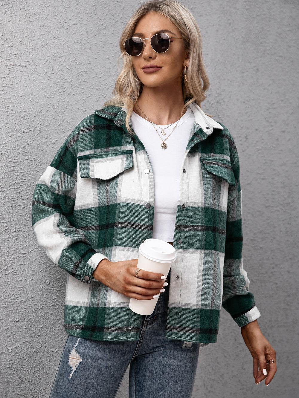 Street-Wave Womens Plaid Shirt Jacket Relaxed Fit Easy-Care Polyester Versatile Everyday Layering Piece