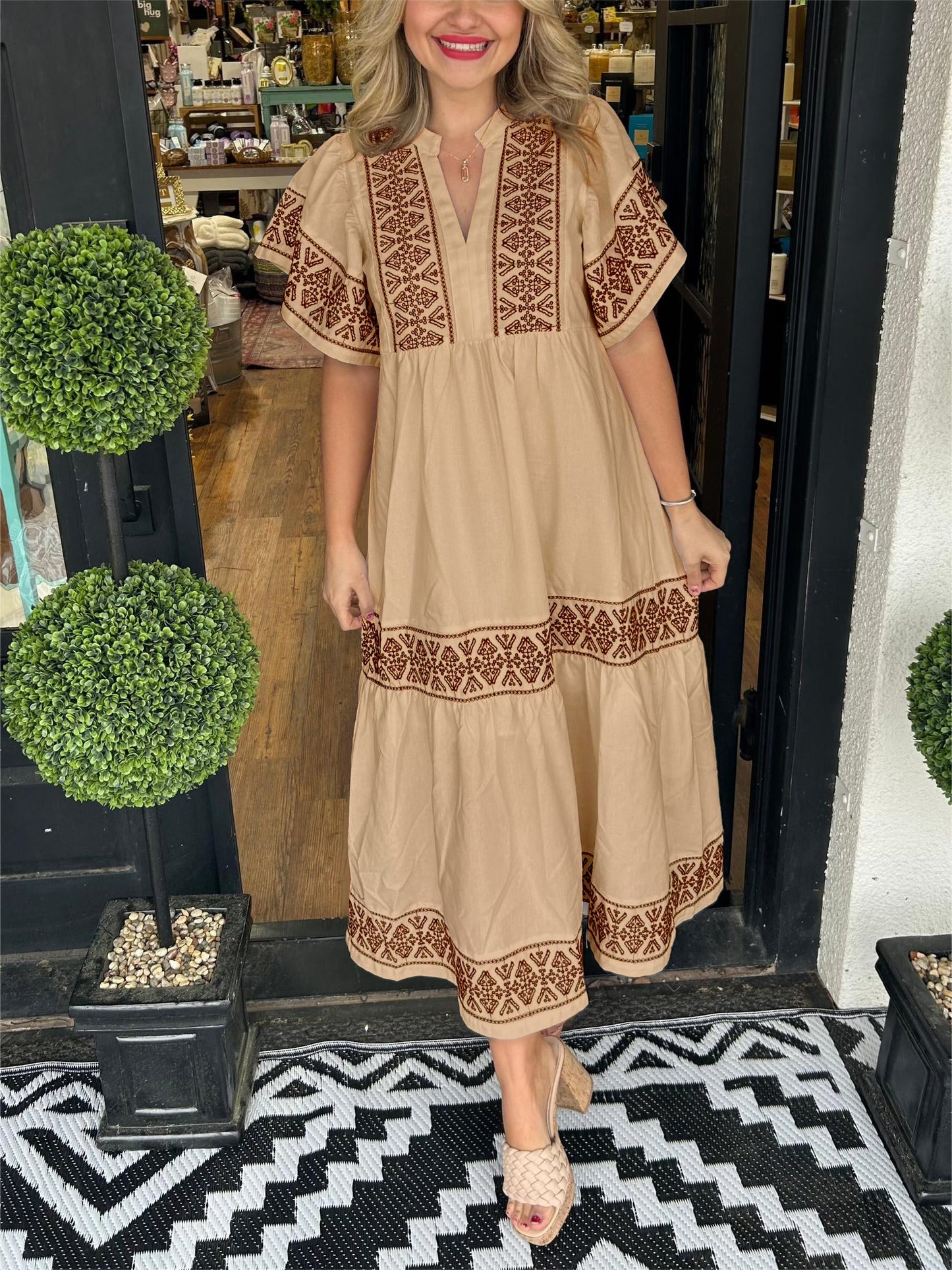 Street Wave Boho Maxi Dress Adriana Embroidered Brown Detail For Women Flattering Bohemian Style