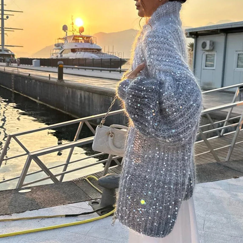 Street-Wave Glitter Sequin Knit Cardigan For Stylish Women Cozy Chic Everyday Essential