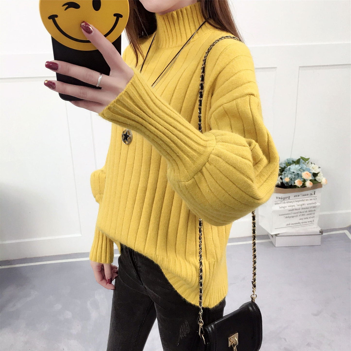 Street-Wave Women's Knit Pullover With High Collar And Relaxed Fit For Cozy Warmth
