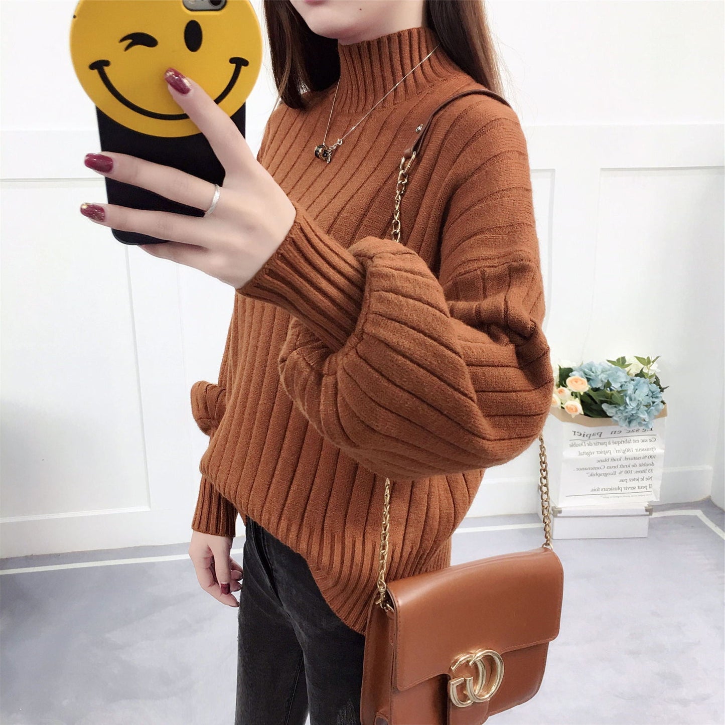 Street-Wave Women's Knit Pullover With High Collar And Relaxed Fit For Cozy Warmth