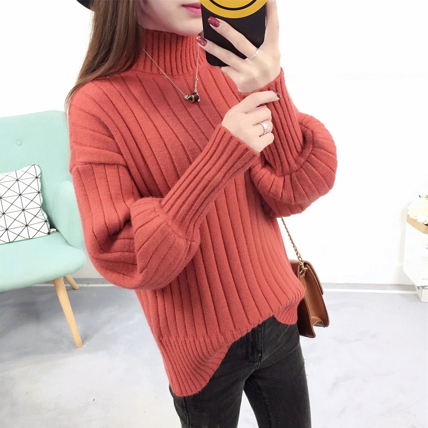 Street-Wave Women's Knit Pullover With High Collar And Relaxed Fit For Cozy Warmth