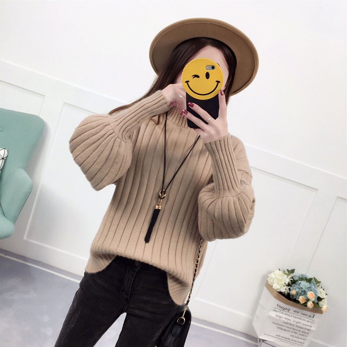Street-Wave Women's Knit Pullover With High Collar And Relaxed Fit For Cozy Warmth
