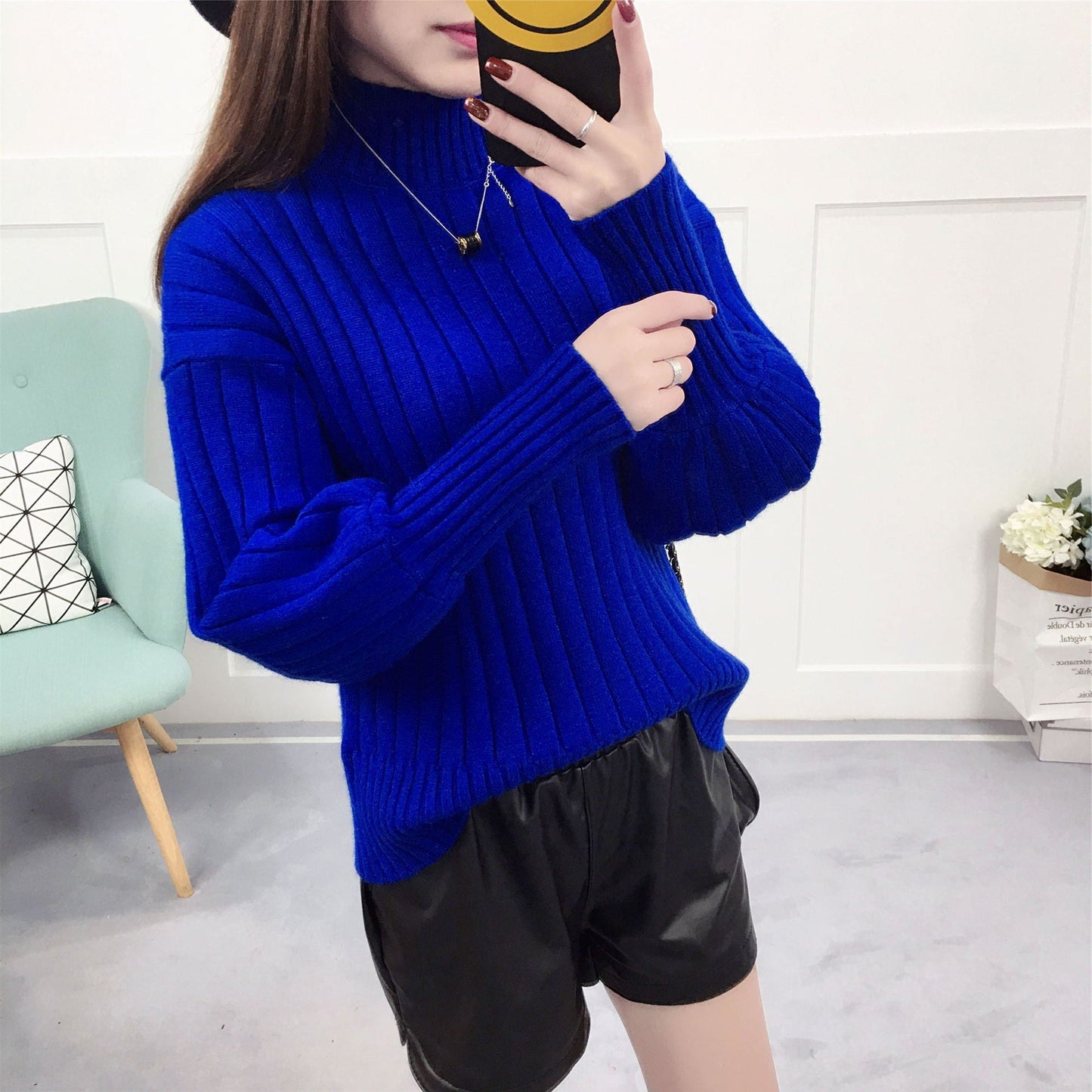 Street-Wave Women's Knit Pullover With High Collar And Relaxed Fit For Cozy Warmth