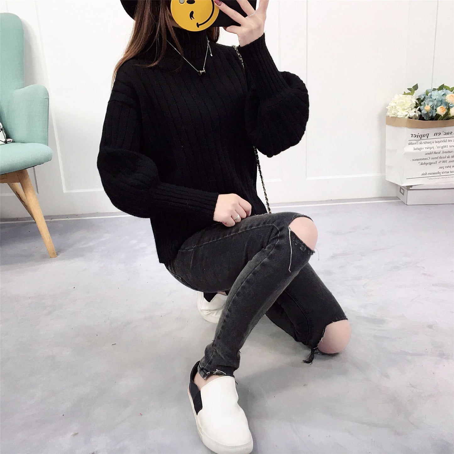 Street-Wave Women's Knit Pullover With High Collar And Relaxed Fit For Cozy Warmth