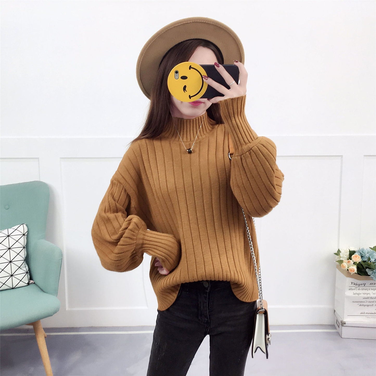 Street-Wave Women's Knit Pullover With High Collar And Relaxed Fit For Cozy Warmth
