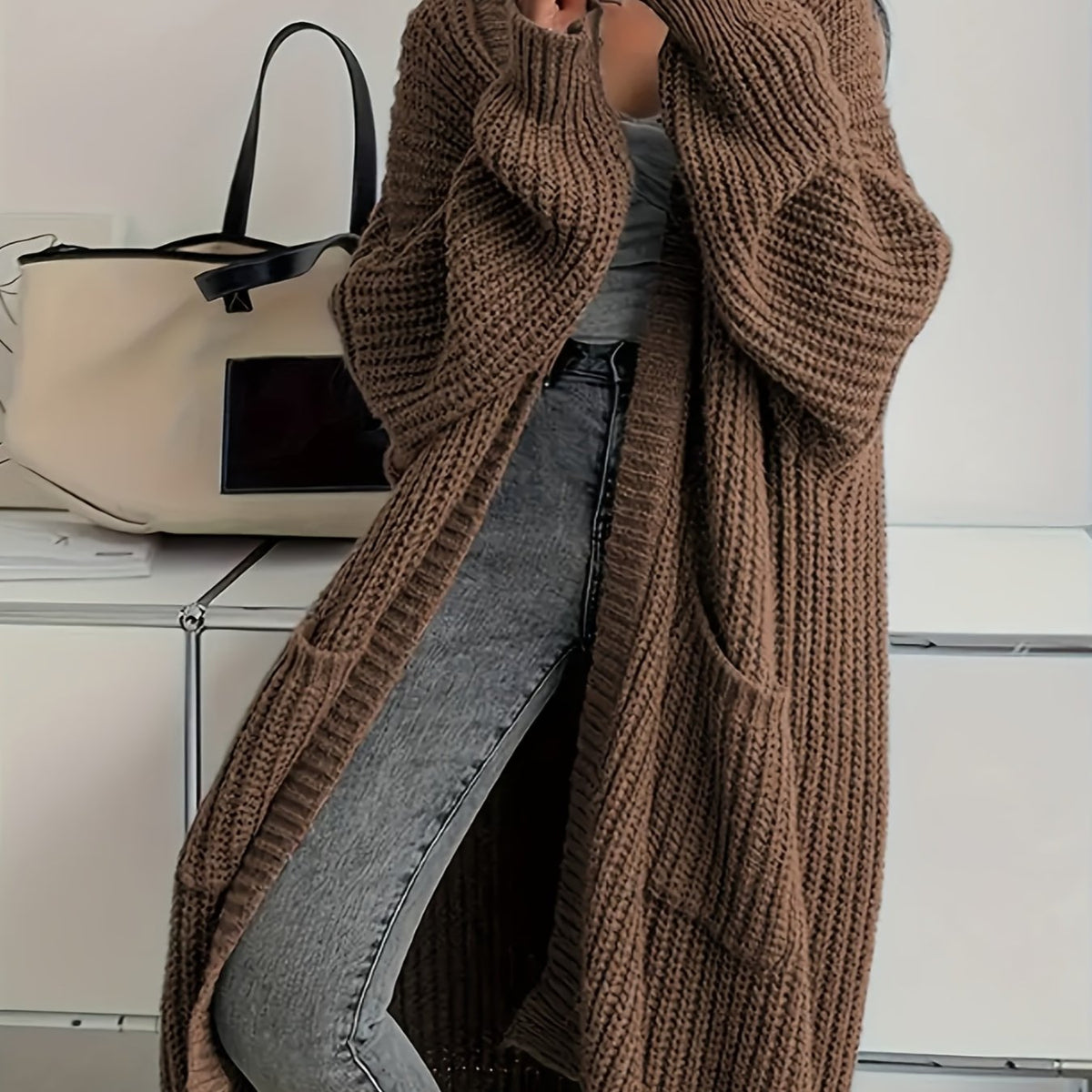 Street-wave Belted Chunky Knit Cardigan For Women Cozy Winter Wear With Open Front And Pockets