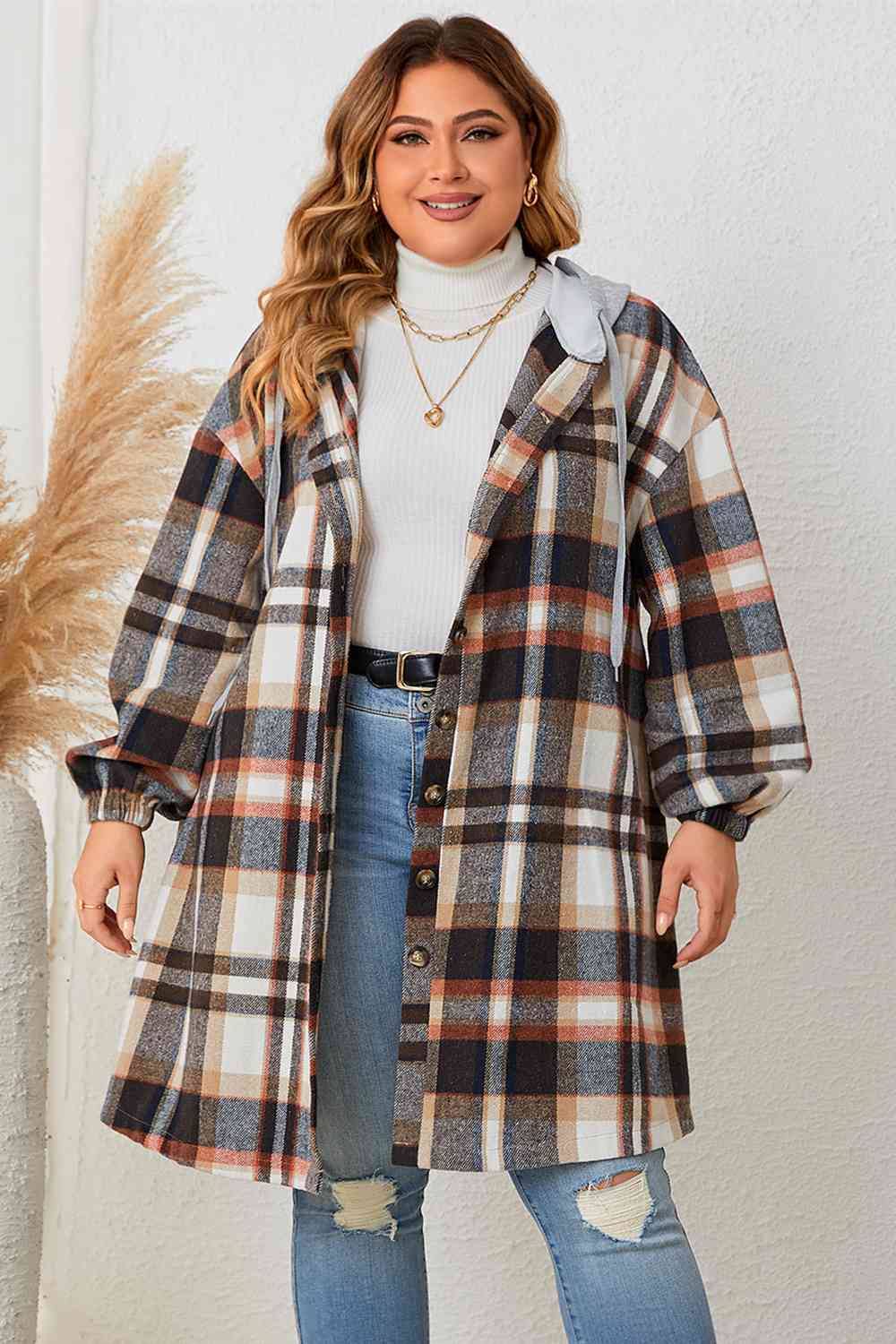 Street-wave Plus Size Hooded Plaid Coat With Drop-Shoulder Comfort For Women Cozy Everyday