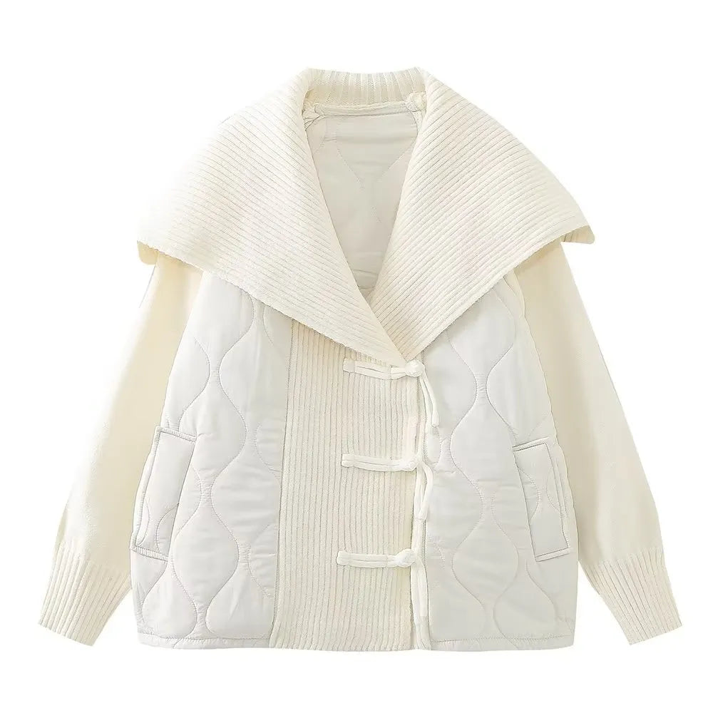 Street-Wave Women's Oversized Quilted Jacket With Marine Collar And Cozy Knit Panels