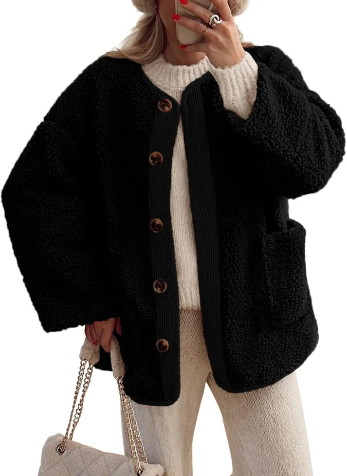 Street Wave Women Sherpa Fleece Jacket Warm Button Up Winter Coat With Cozy Plush