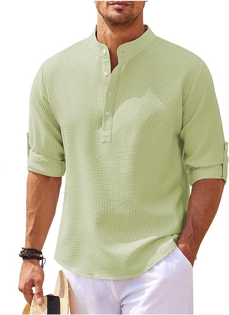 Street-Wave Men's Band Collar Shirt Lightweight Cotton Relaxed Fit Casual